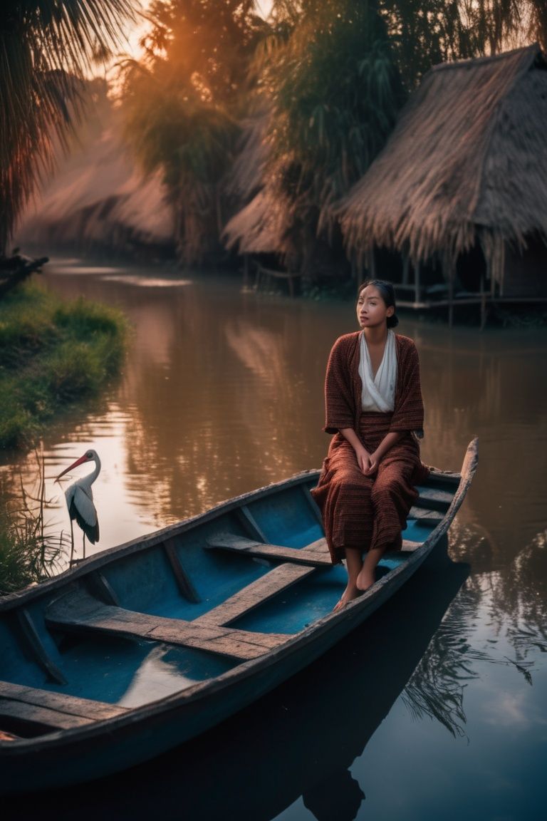 1girl standing on a small boat on the blue river,  storks parked along the river banks,  asian girl on Tensor.Art