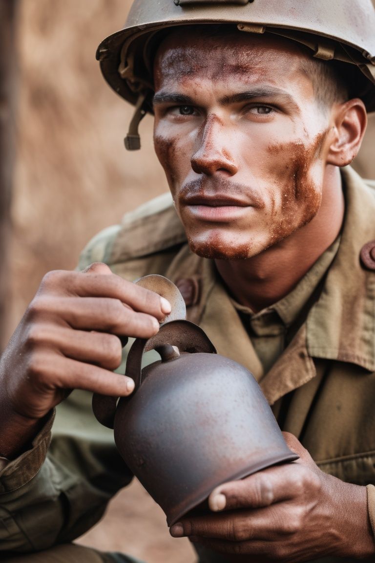 portrait soldier wearing rusty helmet hold iron water cup,  detail skin,  pore on Tensor.Art