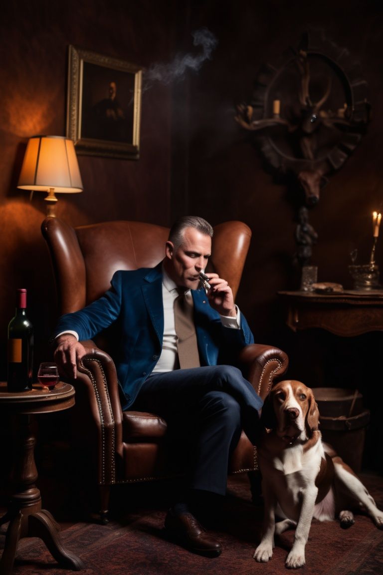powerful man sitting on leather chair smoking cigar with wine glass in hand,  hunting dog beside chair on Tensor.Art