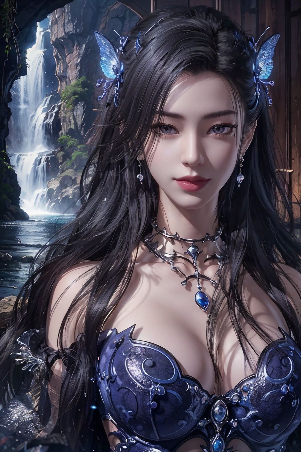 masterpiece,best quality,official art,extremely detailed CG unity 8k wallpaper,1girl,upper body, waterfall, light rays, light particles, butterfly, <lora:潮女妖:0.55>