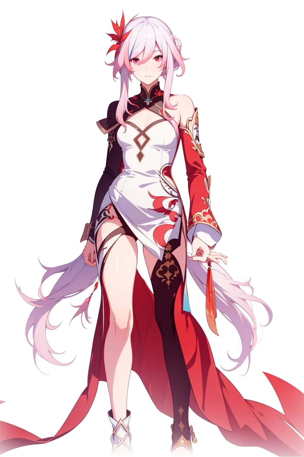 (masterpiece:1.3),(the best quality:1.2),(super fine illustrations:1.2),(Masterpiece),high quality,high detail,(white background:1.2),looking at viewer,(SOLO:1.4),outline,simple background,, hair_between_eyes,pink_hair,white_hair,multicolored_hair,red_hair,red_eyes,fu_hua,solo,