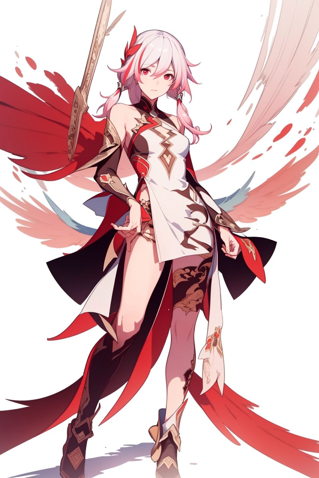 (masterpiece:1.3),(the best quality:1.2),(super fine illustrations:1.2),(Masterpiece),high quality,high detail,(white background:1.2),looking at viewer,(SOLO:1.4),outline,simple background,, hair_between_eyes,pink_hair,white_hair,multicolored_hair,red_hair,red_eyes,fu_hua,solo,
