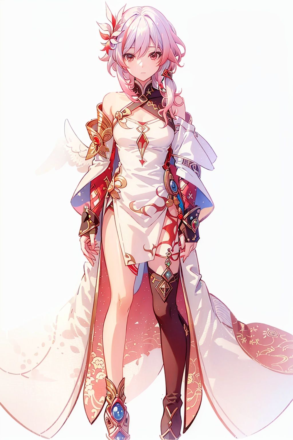 (masterpiece:1.3),(the best quality:1.2),(super fine illustrations:1.2),(Masterpiece),high quality,high detail,(white background:1.2),looking at viewer,(SOLO:1.4),outline,simple background,, hair_between_eyes,pink_hair,white_hair,multicolored_hair,red_hair,red_eyes,fu_hua,solo,