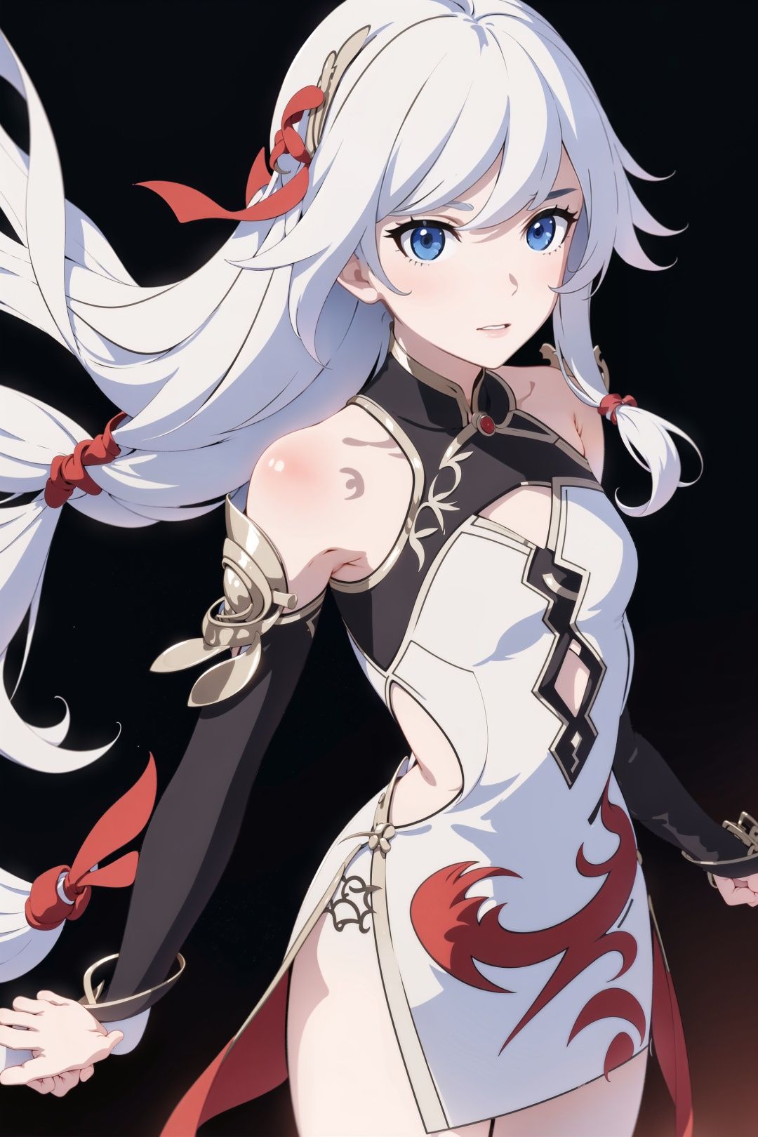 bjelegant,1girl,solo,longhair,bareshoulders,lookingatviewer,flower,wind,sky,cloud,statelygoldcircuitboardtracesilkthread,full_moon,Frombelow,realistic,cinematiclighting,strongcontrast,highlevelofdetail,Bestquality,masterpiece,Whitebackground,Intricatepattern,Ornatedecoration,lixue