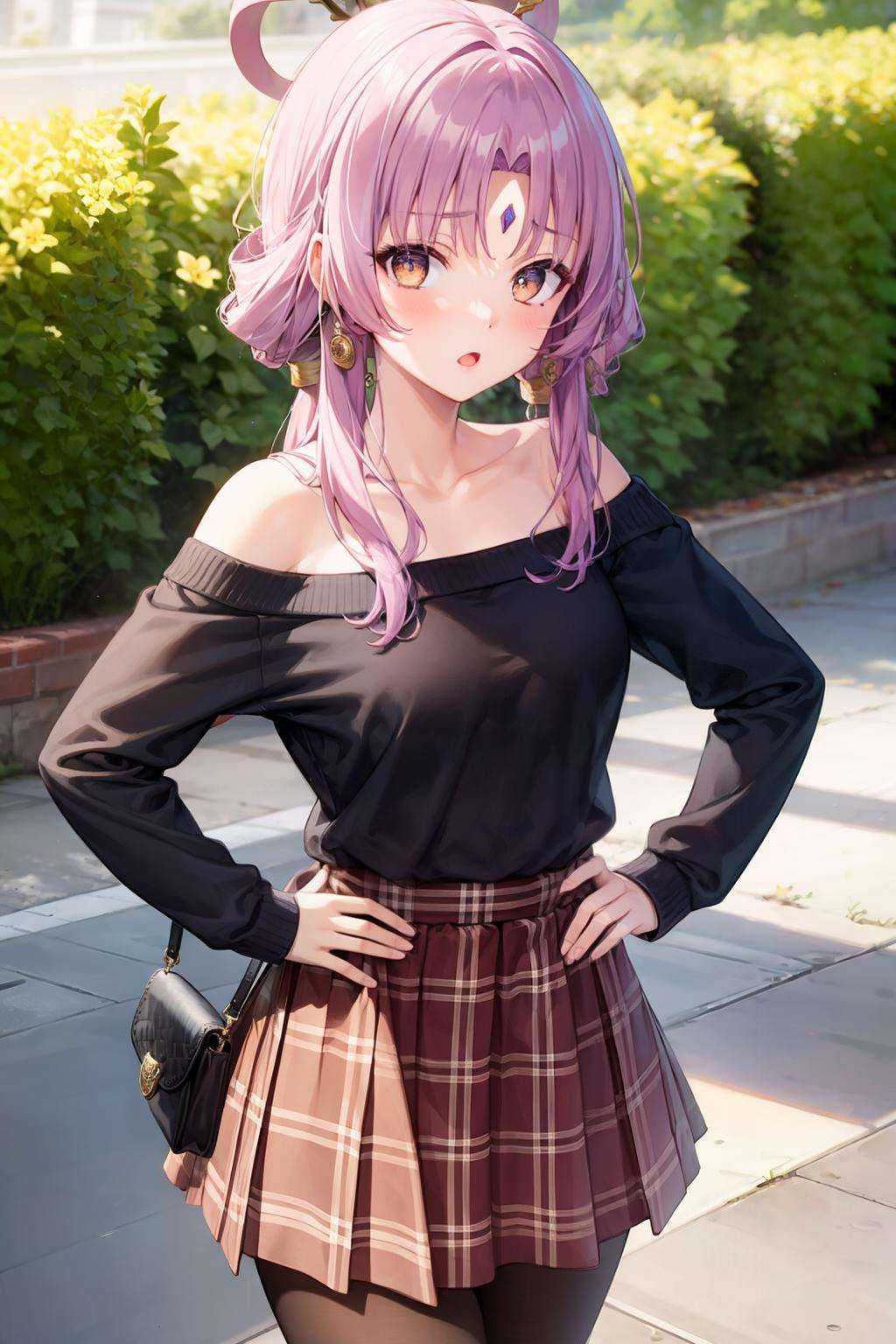 masterpiece, best quality, <lora:fuxuan-mver:1>, 1girl, solo, pantyhose, purple hair, long hair, hair rings, skirt, bag, sweater, hair ornament, off shoulder, bangs, off-shoulder sweater, outdoors, collarbone, long sleeves, handbag, looking at viewer, hand on hip, blush, open mouth, bare shoulders, parted bangs, very long hair, bow, hand up, plaid, twintails, brown eyes, forehead jewel, pink bow, forehead mark, :o, cowboy shot, brown pantyhose, black pantyhose, plaid skirt, casual,  hair stick