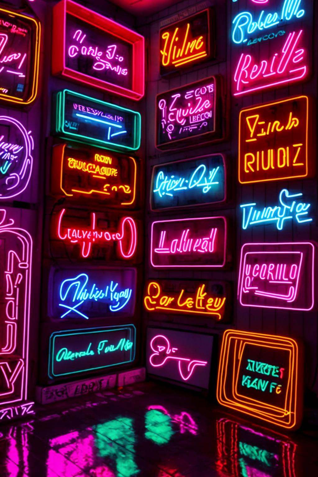 a room filled with lots of neon signs ,  neons on Tensor.Art