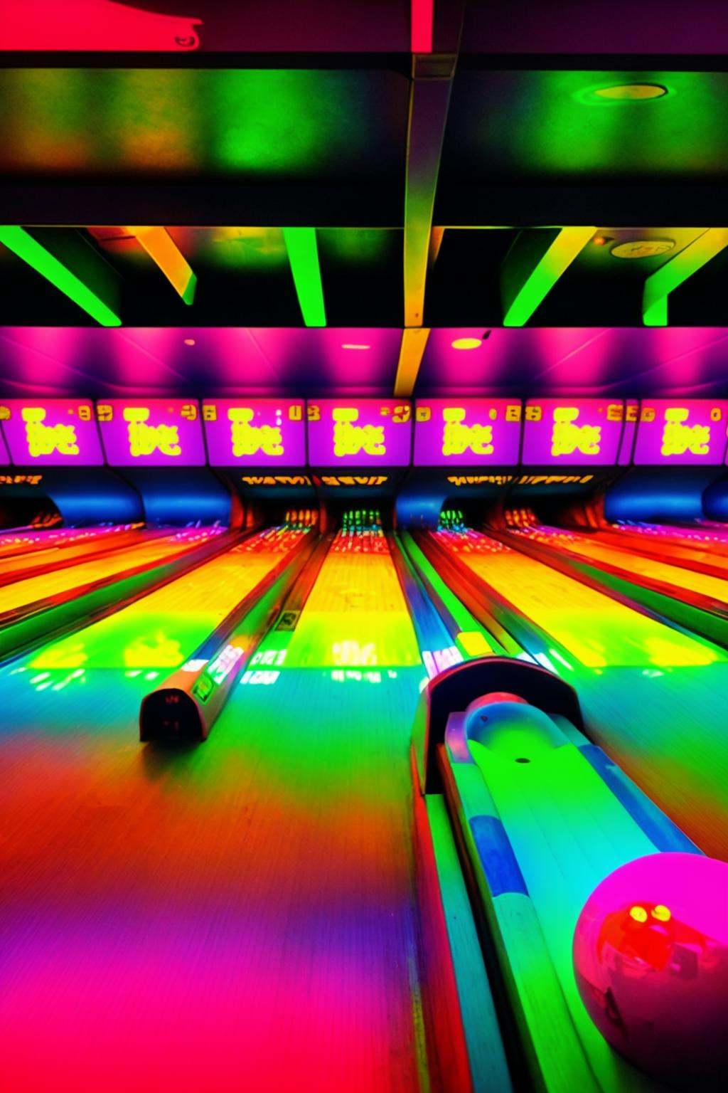 a bowling alley with bowling balls and neon lights ,  neons on Tensor.Art