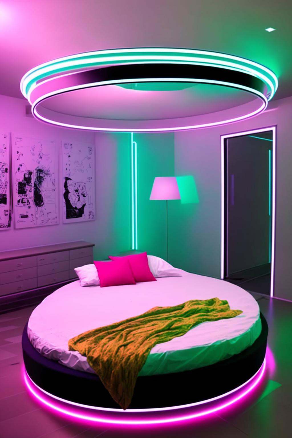 a bed with a circular bed frame and a neon light ,  neons on Tensor.Art