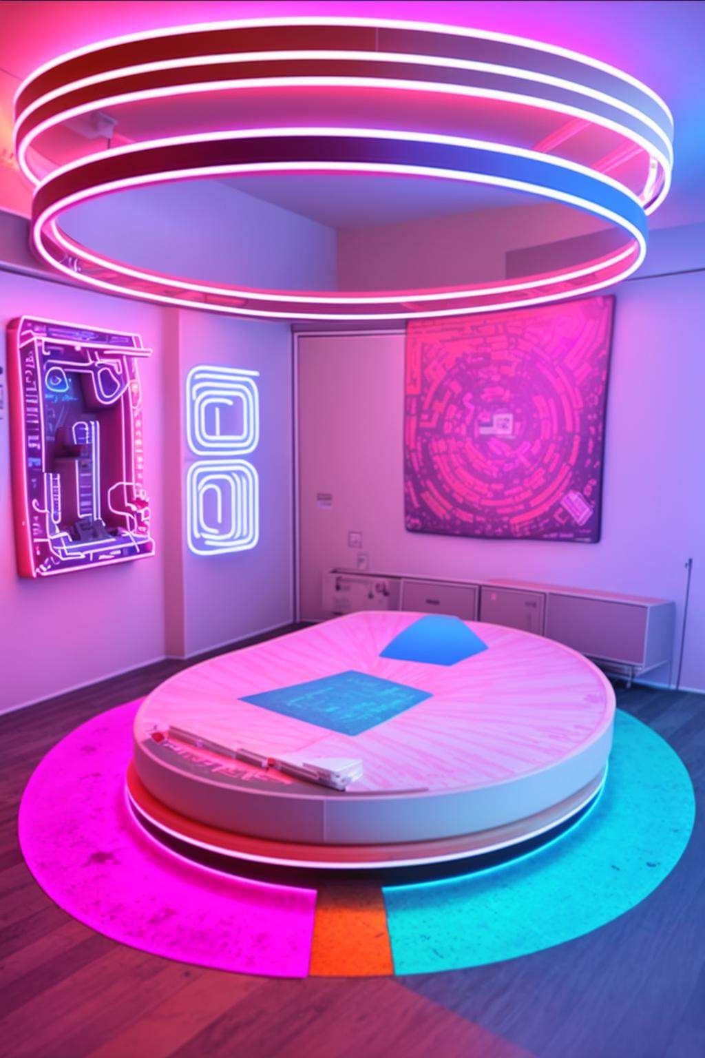 a bed with a circular bed frame and a neon light ,  neons on Tensor.Art