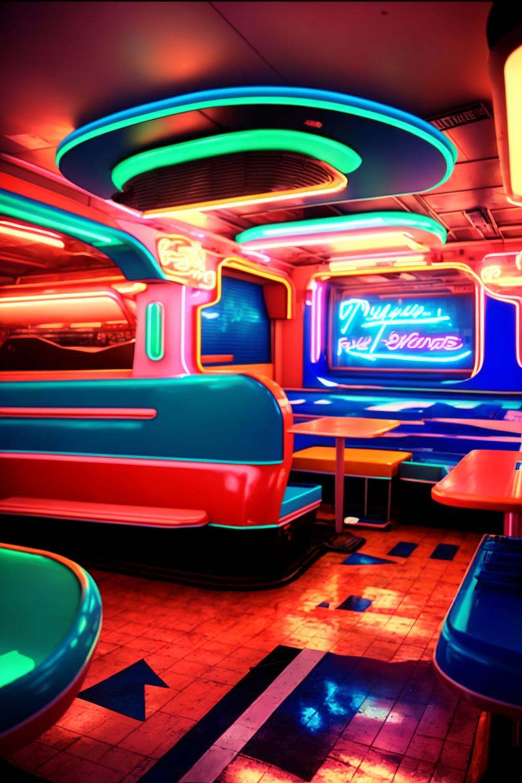 a diner with a car and neon lights ,  neons on Tensor.Art