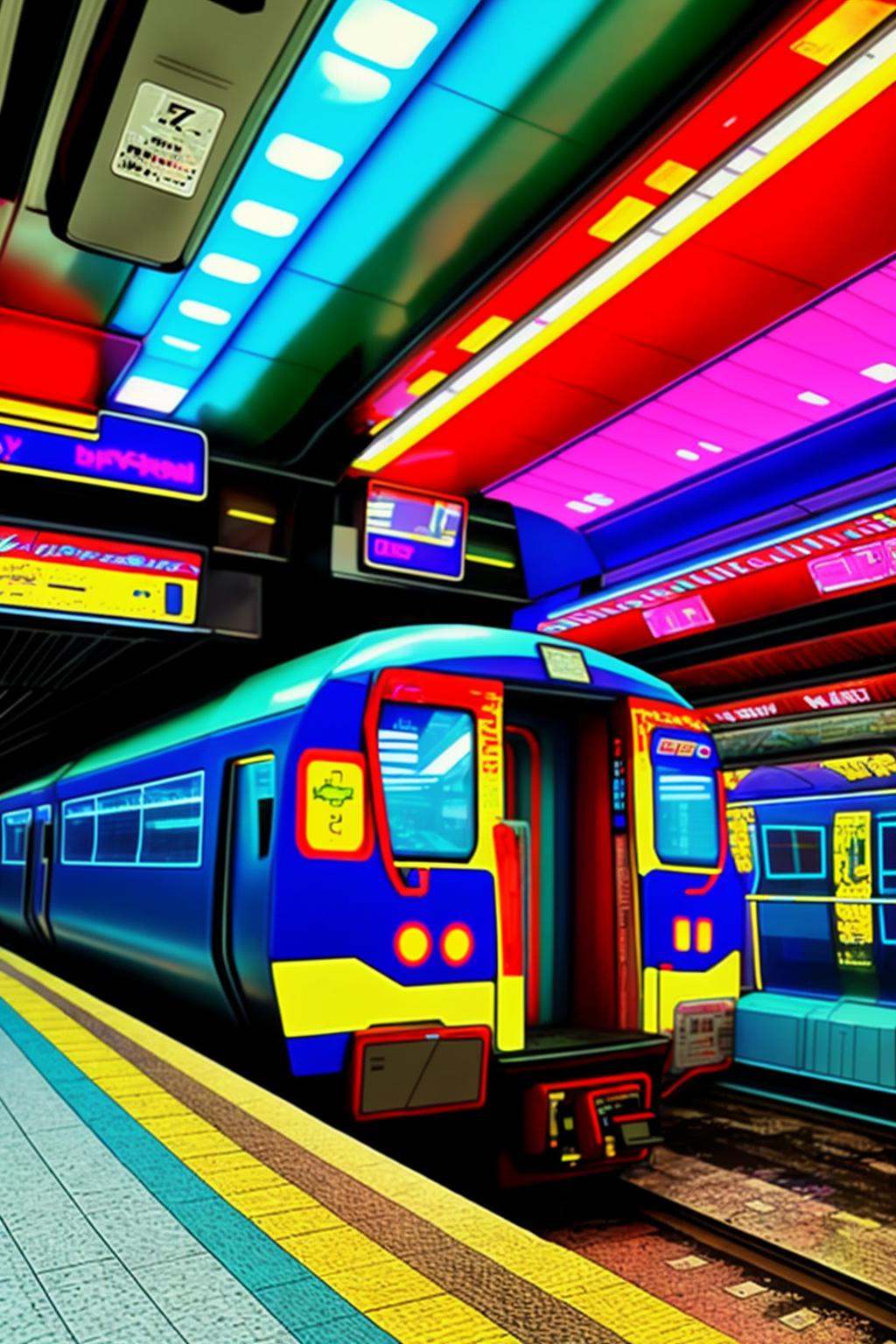 a train is parked at a train station ,  neons on Tensor.Art
