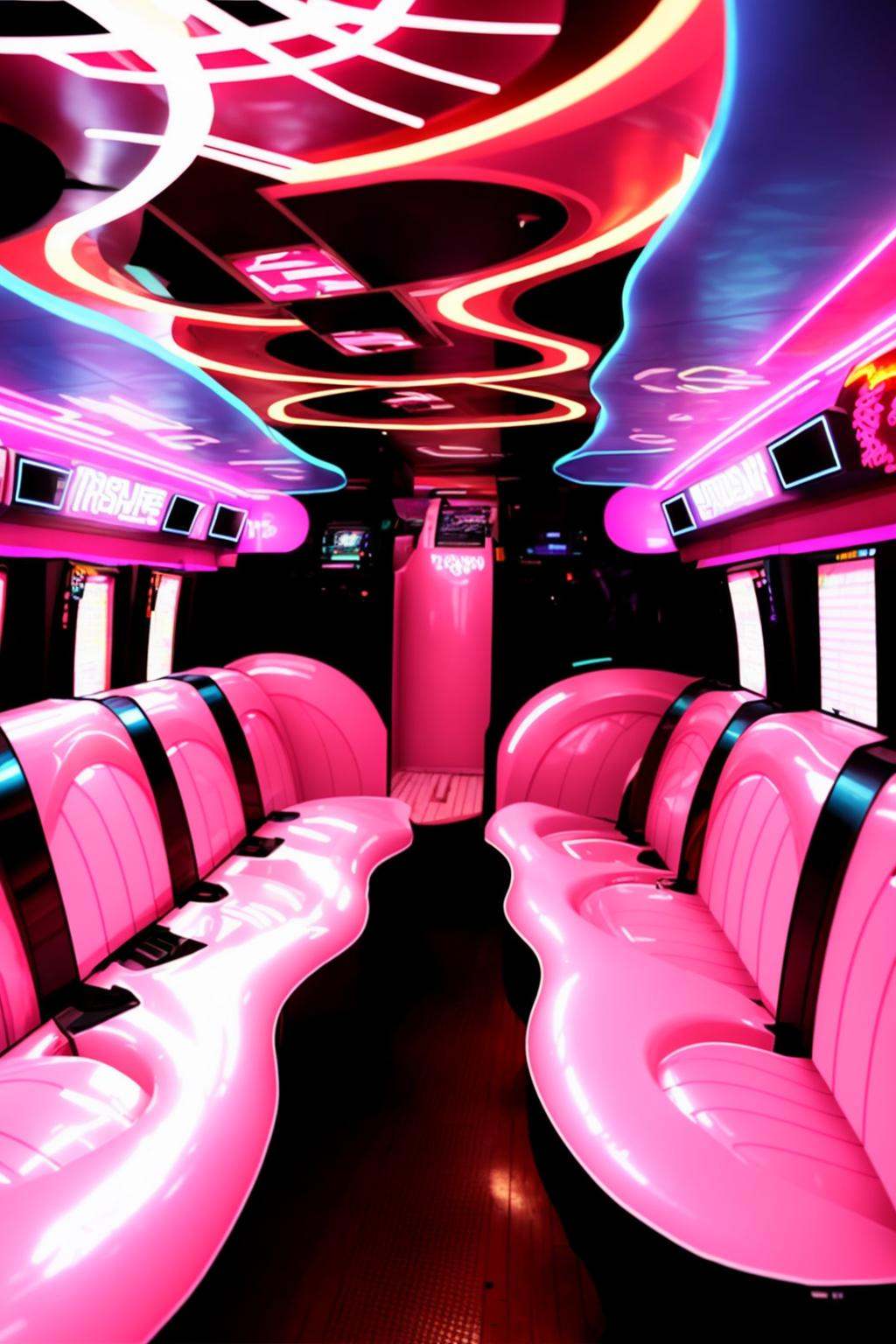 a pink and black limo with a lot of seats ,  neons on Tensor.Art