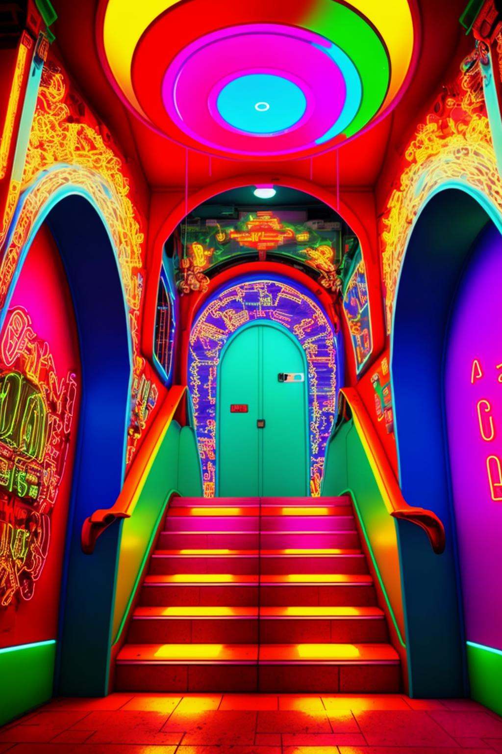 a stairway leading to a colorful building with a clock on the wall ,  neons on Tensor.Art