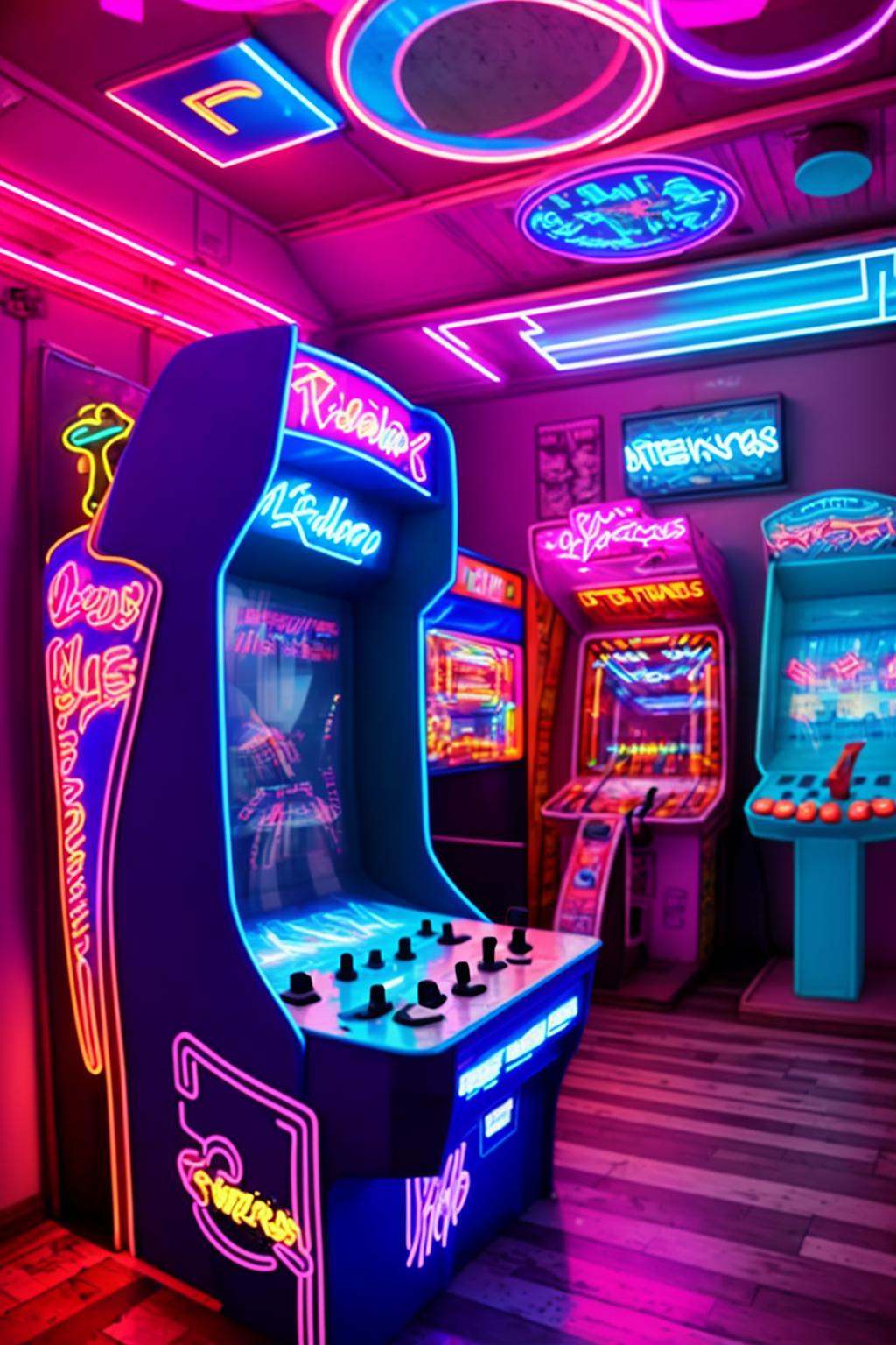 a room with arcade machines and neon lights ,  neons on Tensor.Art