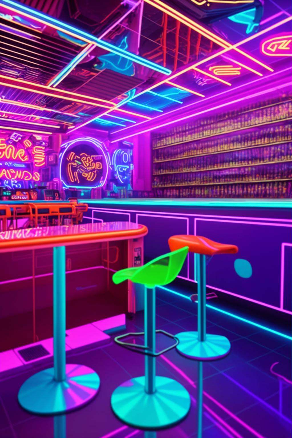 a neon lit disco bar with neon stools ,  neons on Tensor.Art