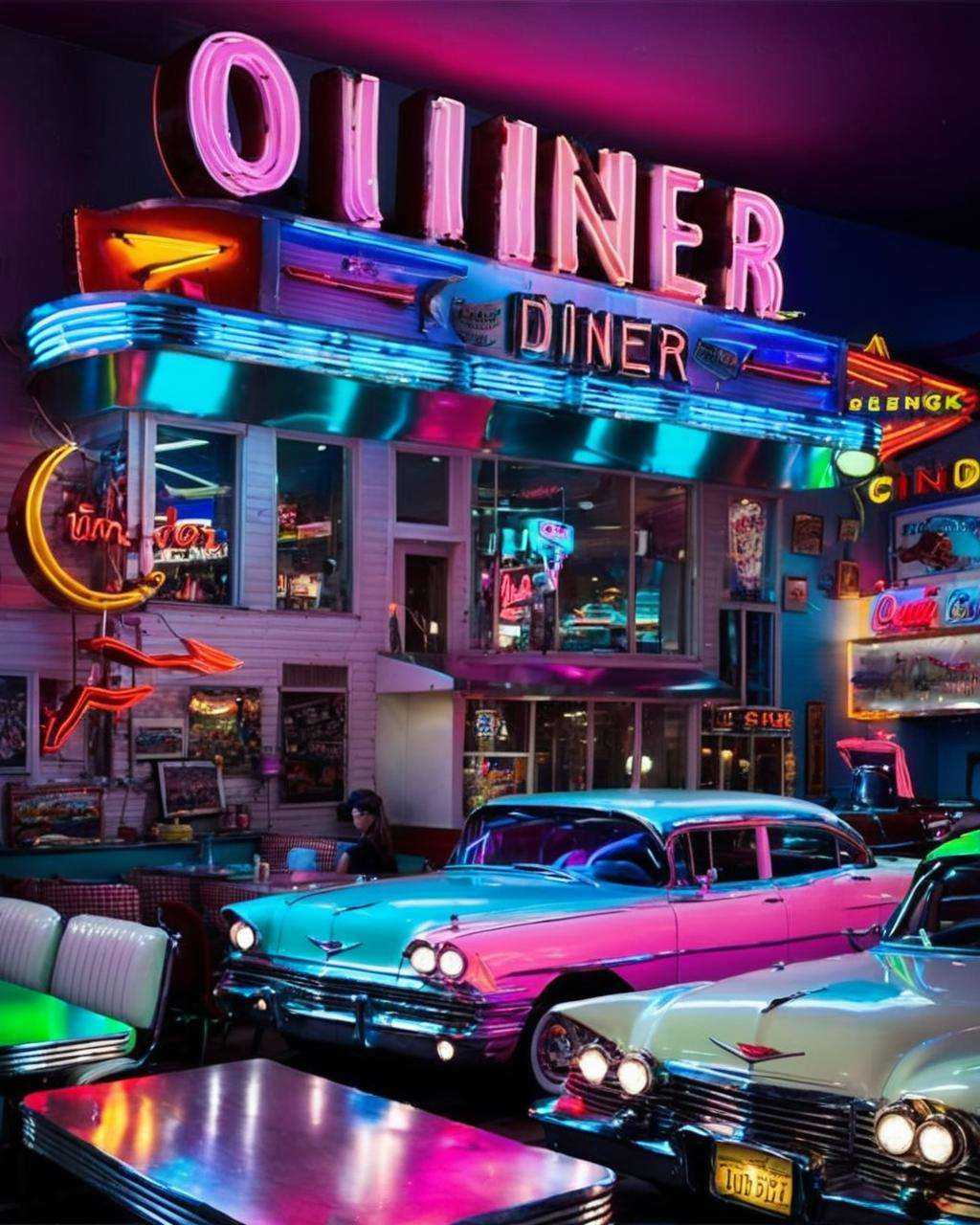 best quality ,  a diner with a car and neon lights , on Tensor.Art