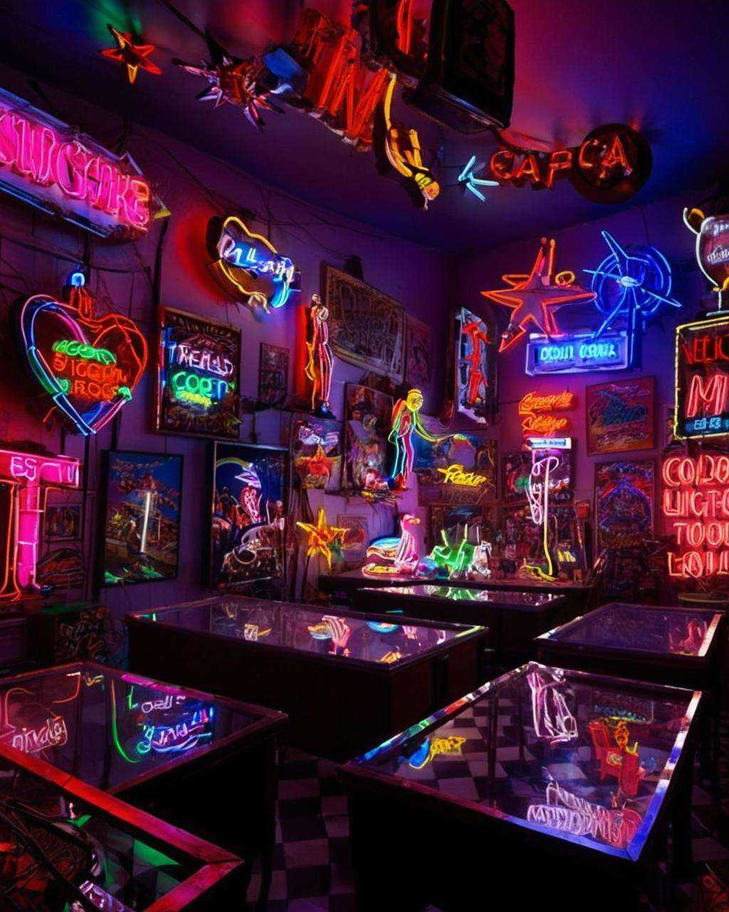 best quality ,  a room filled with lots of neon signs , on Tensor.Art