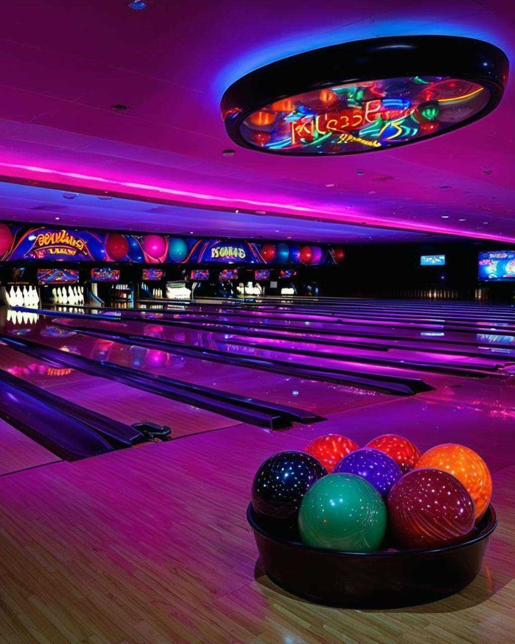 best quality ,  a bowling alley with bowling balls and neon lights , on Tensor.Art