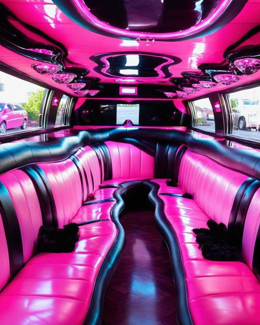 best quality ,  a pink and black limo with a lot of seats , on Tensor.Art