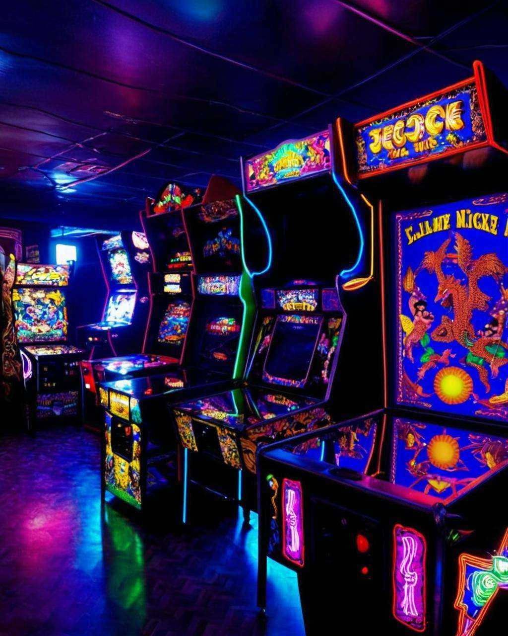 best quality ,  a room with arcade machines and neon lights , on Tensor.Art