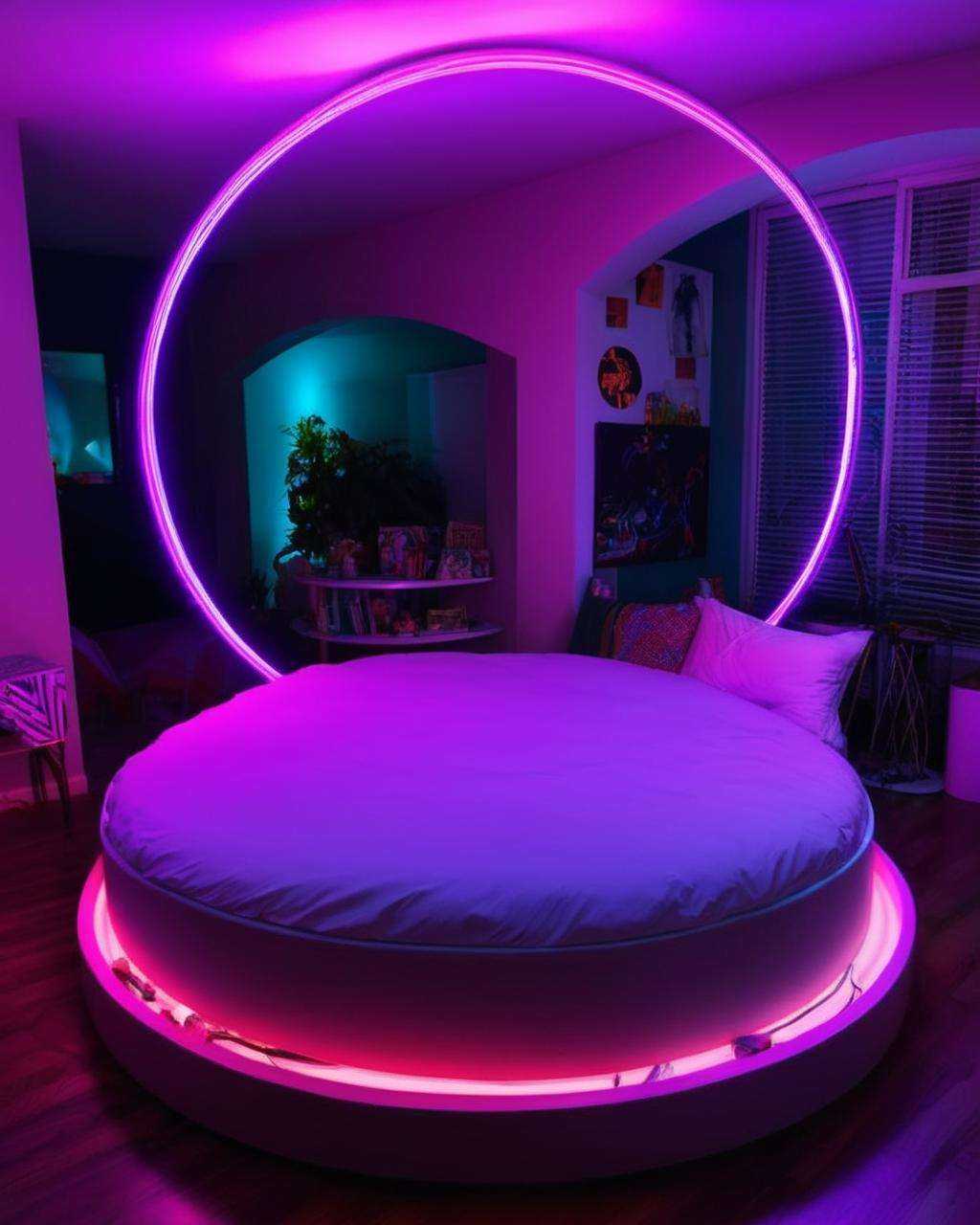 best quality ,  a bed with a circular bed frame and a neon light , on Tensor.Art