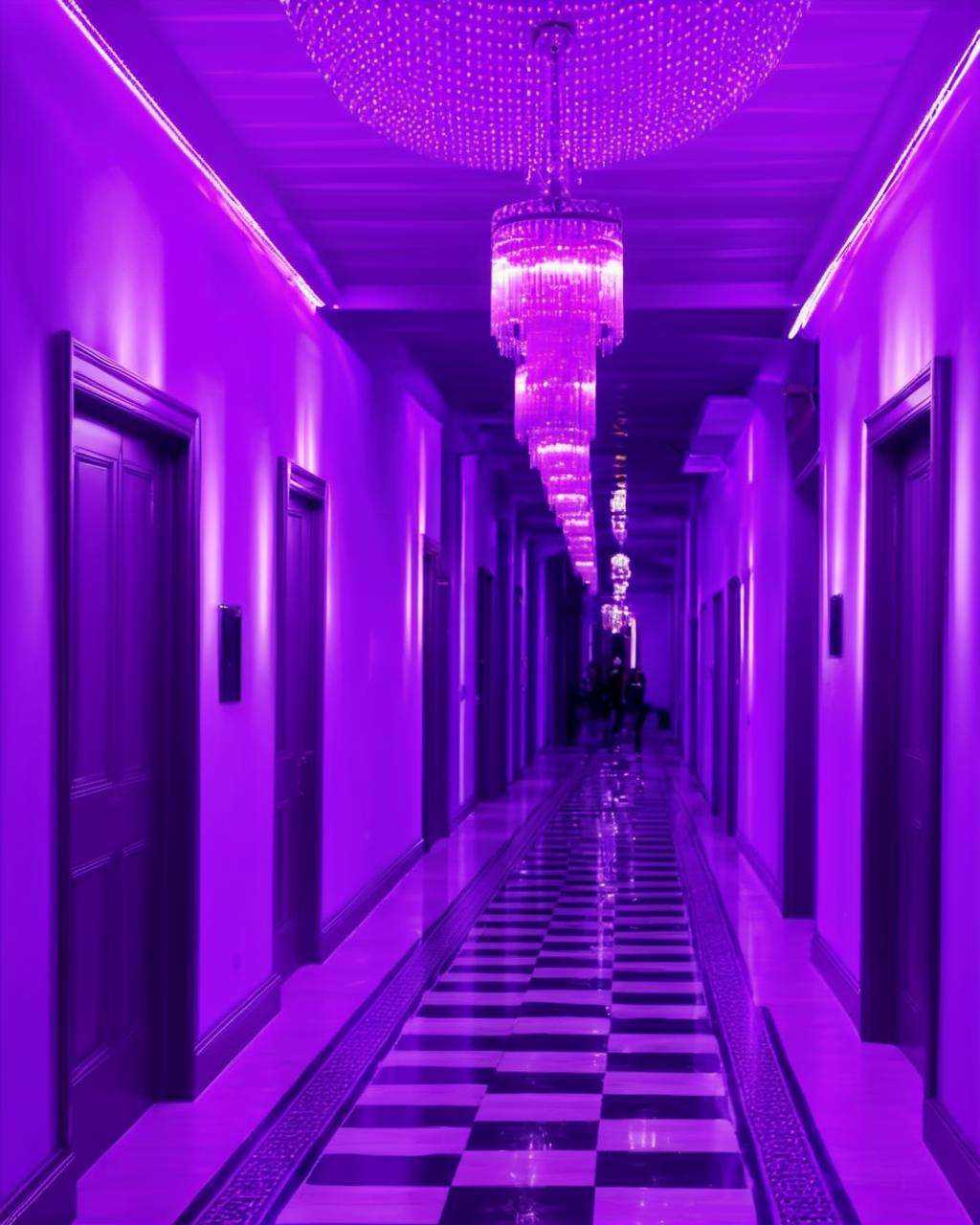 best quality ,  a long hallway with a chandelier and a purple light , on Tensor.Art