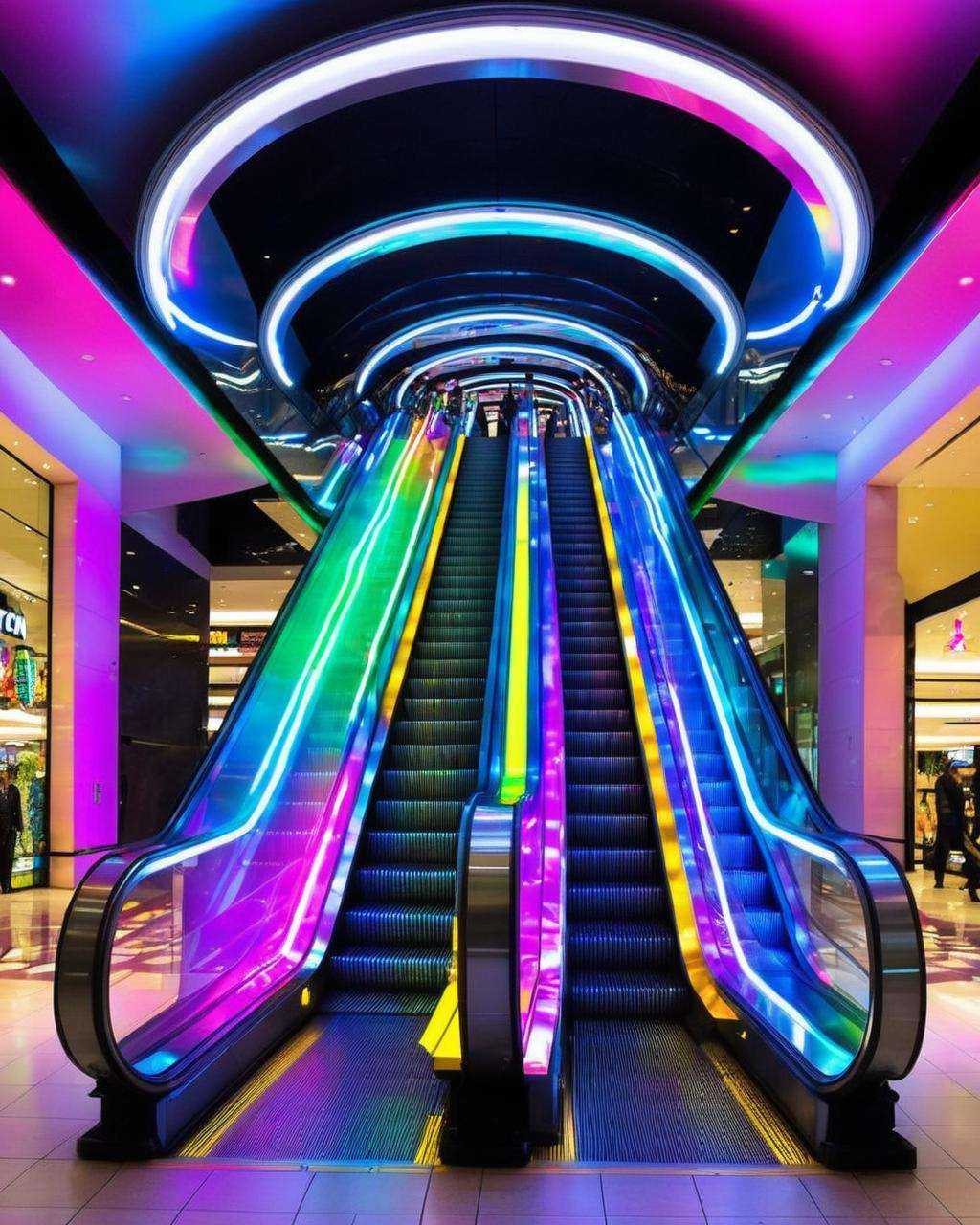 best quality ,  an escalator with a colorful light coming from the ceiling , on Tensor.Art