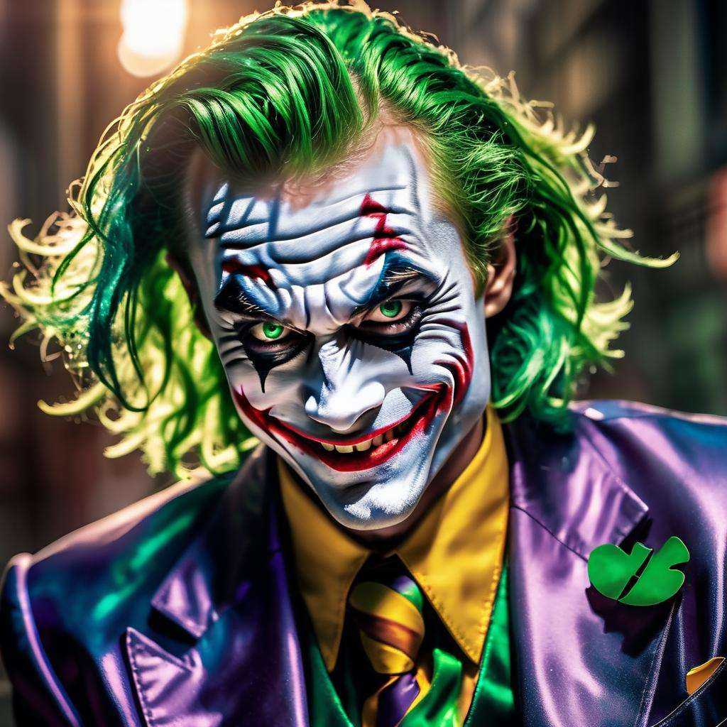 Dappled Light,  photo portrait of the The Joker (DC Comics): The Joker's colorful suit,  wild green hair on Tensor.Art
