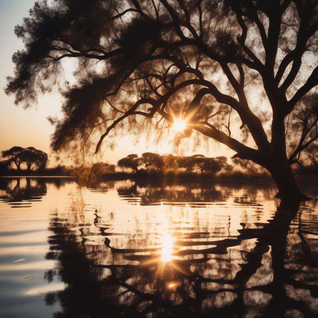 Dappled Light,  photo ,  Acacia tree is reflected in the water at sunset or dawn with the sun shining through the clouds a...