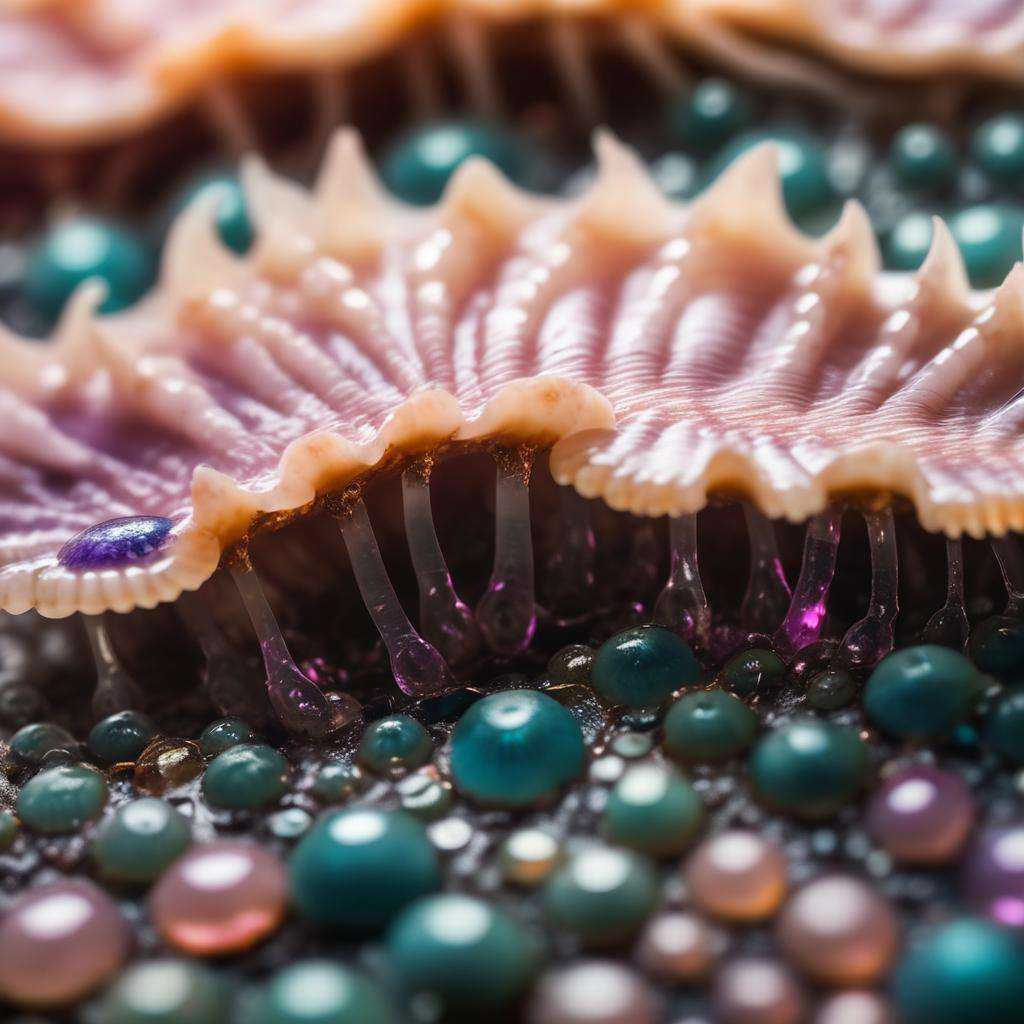 Dappled Light,  photo ,  close up photo of a slice of scallops with a horde of translucent microscopic cat-like creatures...