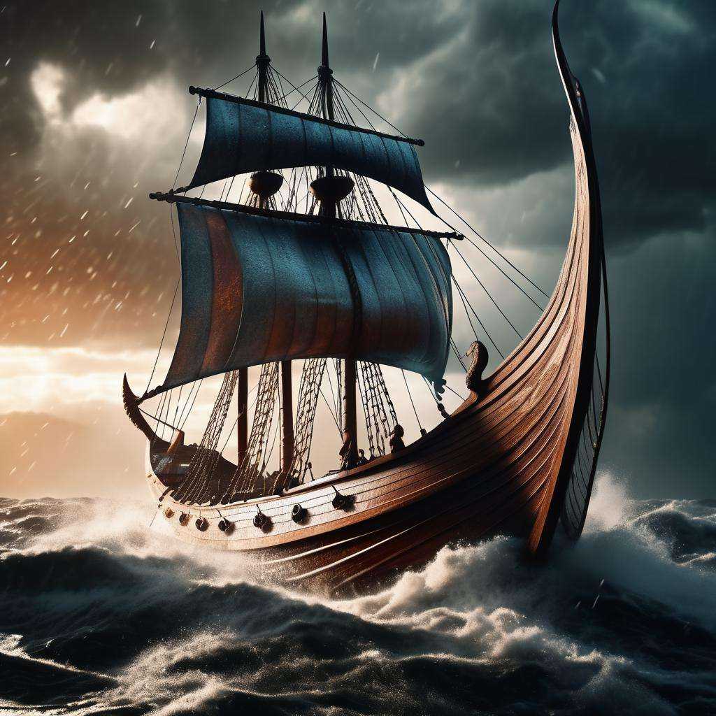Dappled Light,  photo ,  A 3D rendering of a Viking longship sailing through a storm on Tensor.Art