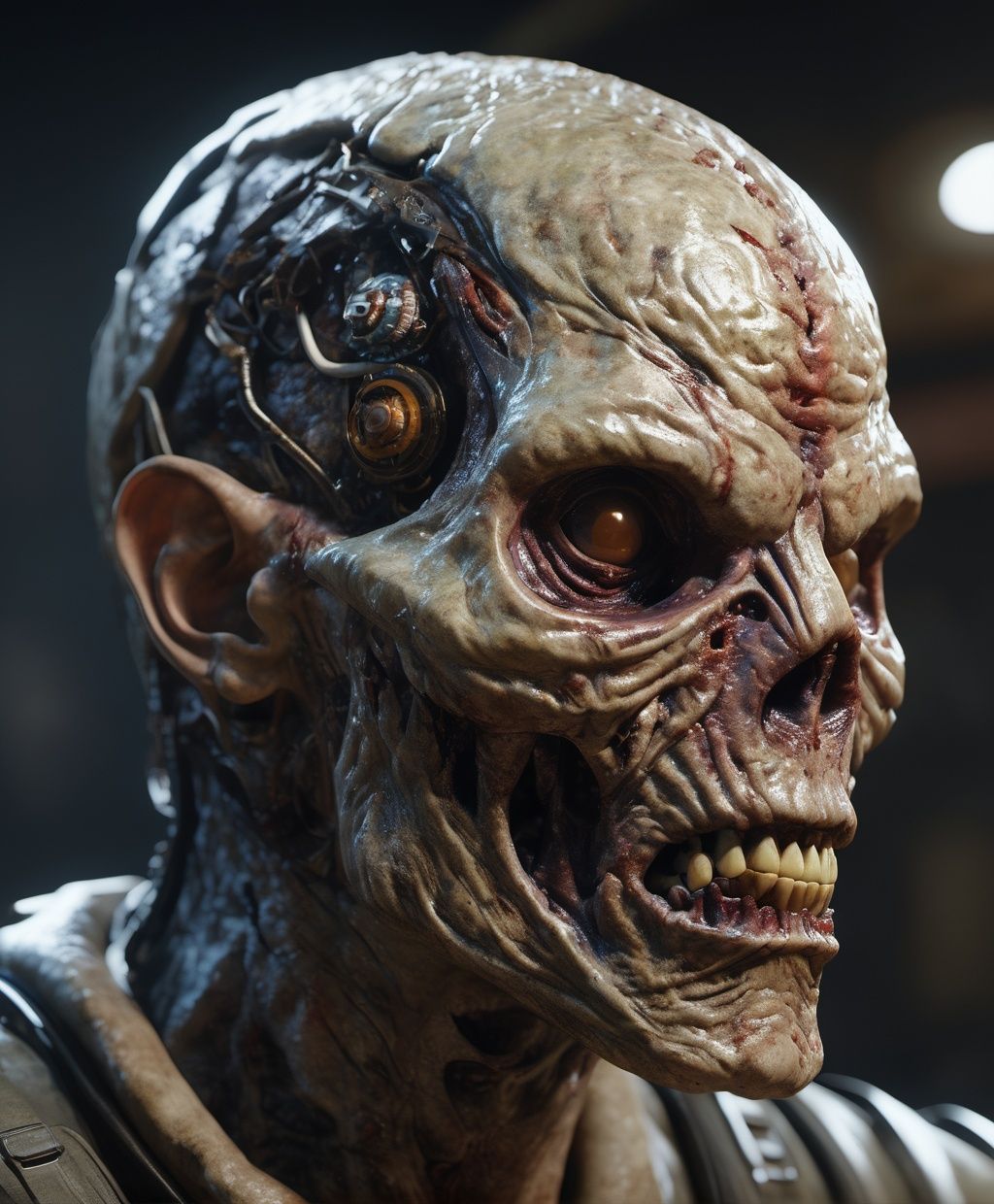 a huge zombielike creature with a open head,  brain showing through crack in head,  in the style of alan bean on Tensor.Art