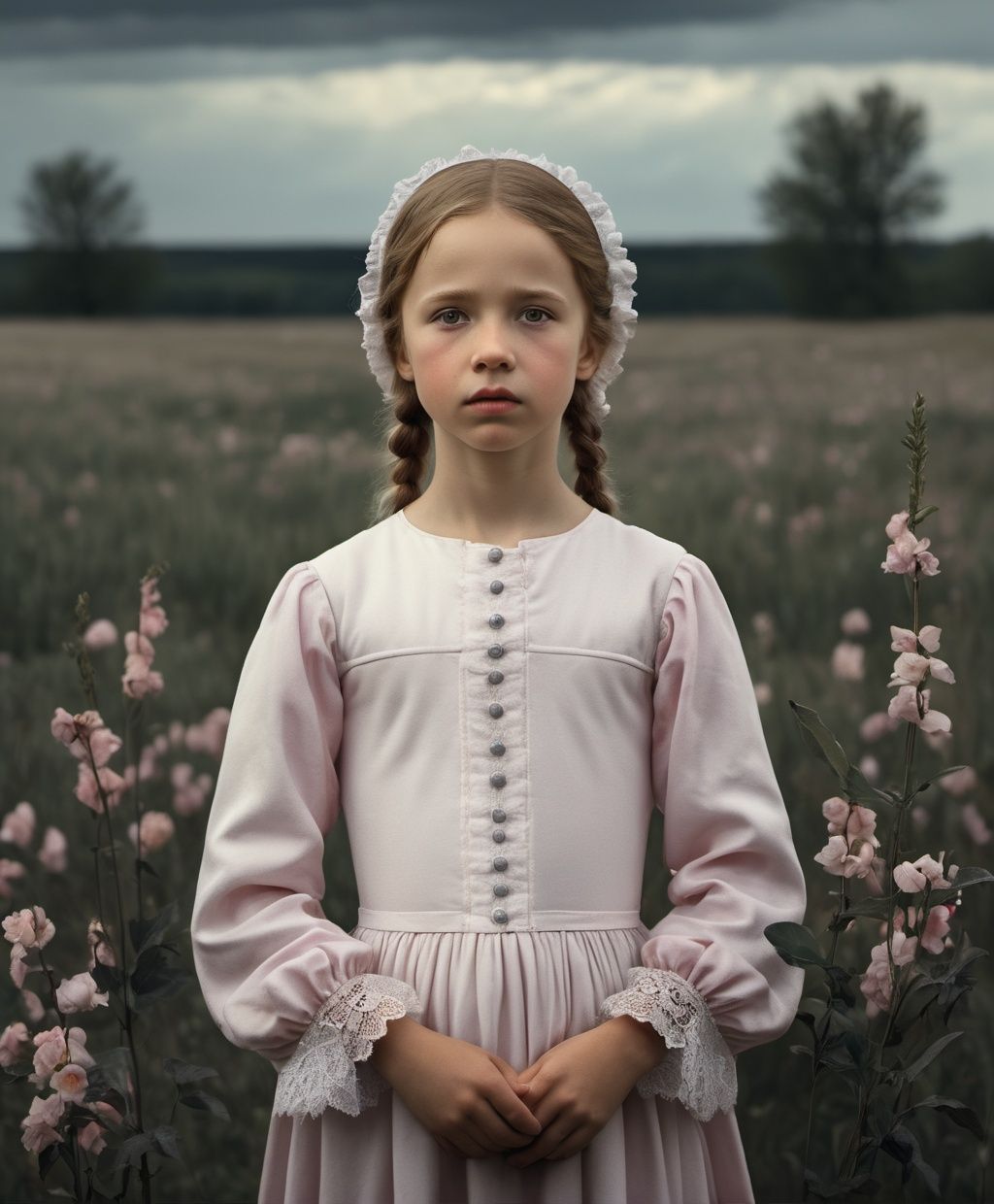 a girl in white is standing upright and holding her hands up,  in the style of andrea kowch,  colorized on Tensor.Art