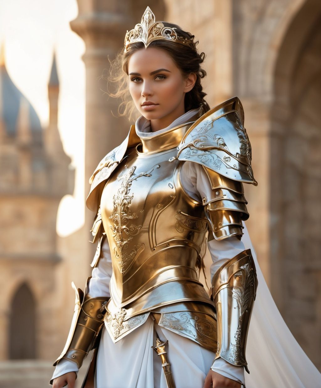 prererve her facial features. She is a knight of an epic fantasy realm. Armored in white and gold,  elegant poise. on Tens...