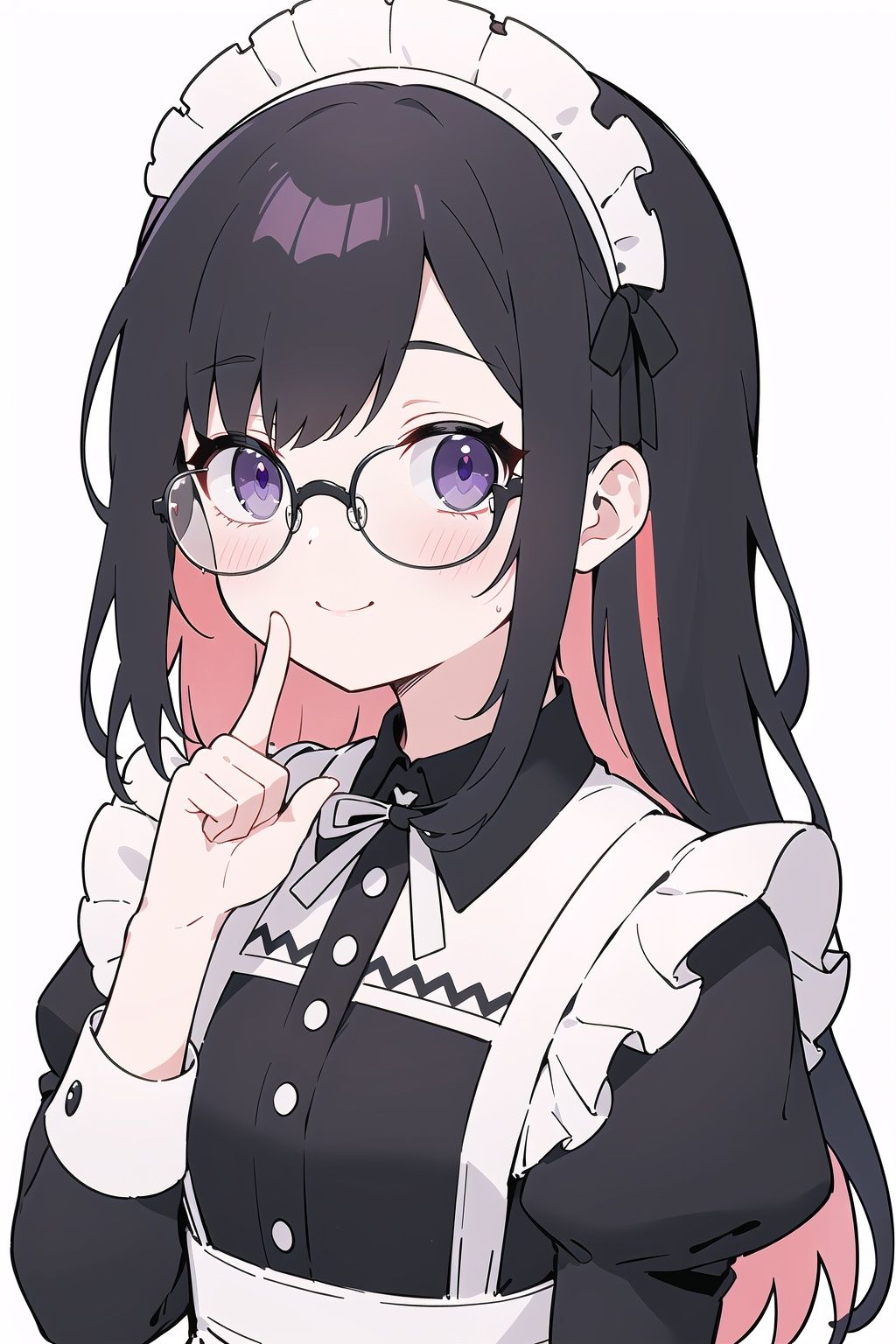 masterpiece, best quality, cute, kawaii,1girl, solo, black hair, glasses, maid, colored inner hair, long hair, maid headdress, multicolored hair, smile, looking at viewer, apron, blush, upper body, simple background, blue hair, black-framed eyewear, bangs, purple eyes, maid apron, dress, finger to mouth, two-tone hair, closed mouth, long sleeves, index finger raised, black dress, white apron, collared dress, grey background, puffy sleeves, frills, white background, hand up,
