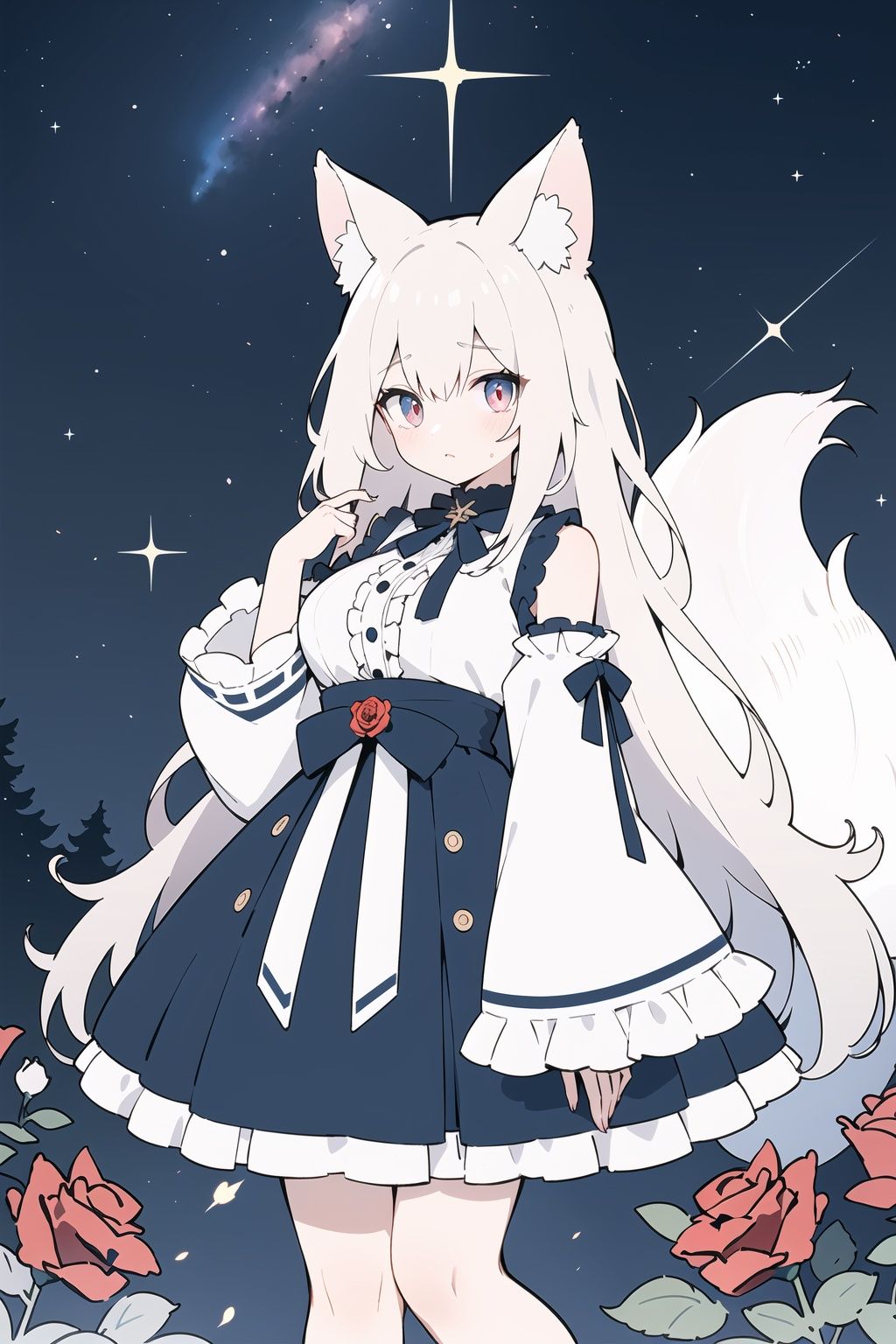 masterpiece,ultra-high quality,ultra detailed original illustration,(multicolored eyes),harajuku fashion,long sleeves,frilled sleeves,(Roses:1.2),(fusion of limited color, maximalism artstyle,geometric artstyle, junk art),witchcraft,white hair,long hair,large breasts,white fox ears,white nine tails,sparks,(field,night sky,vibrant nebula sky),