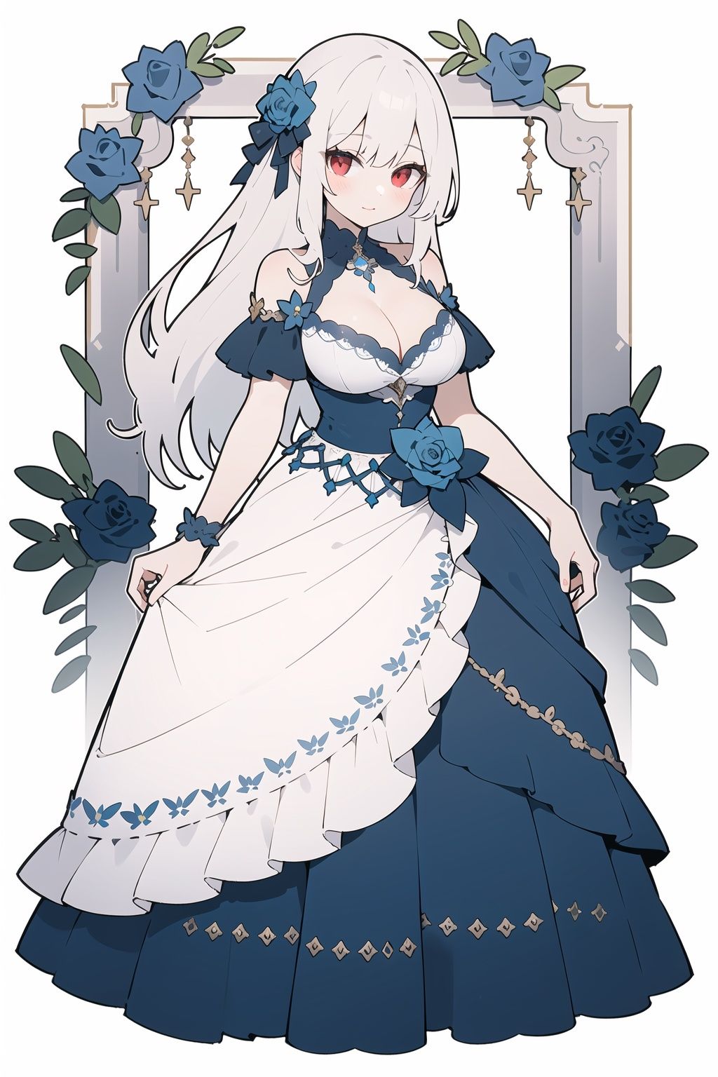 (mature:1.2),masterpiece, best quality,white hair,breasts,alternate costume,red eyes, high detail,Long Straight Hair,cleavage, flowers,(The dress was covered with blue roses:1.1),
