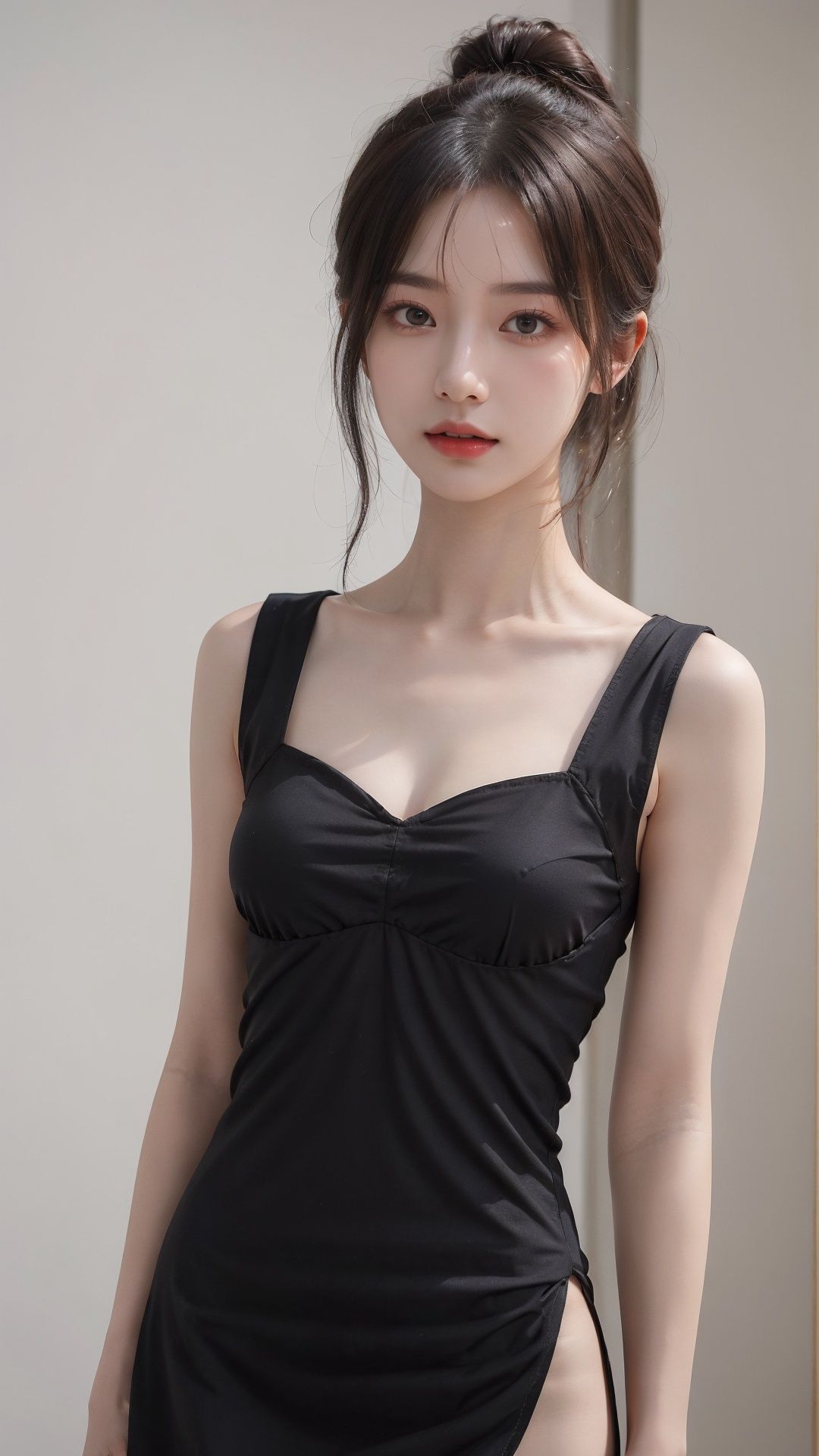 masterpiece,best quality,1 girl,reality,(simple_background),looking_at_viewer,hair bun,side_blunt_bangs,china_dress,chinese_style,<lora:qimeng1.0:0.7>,