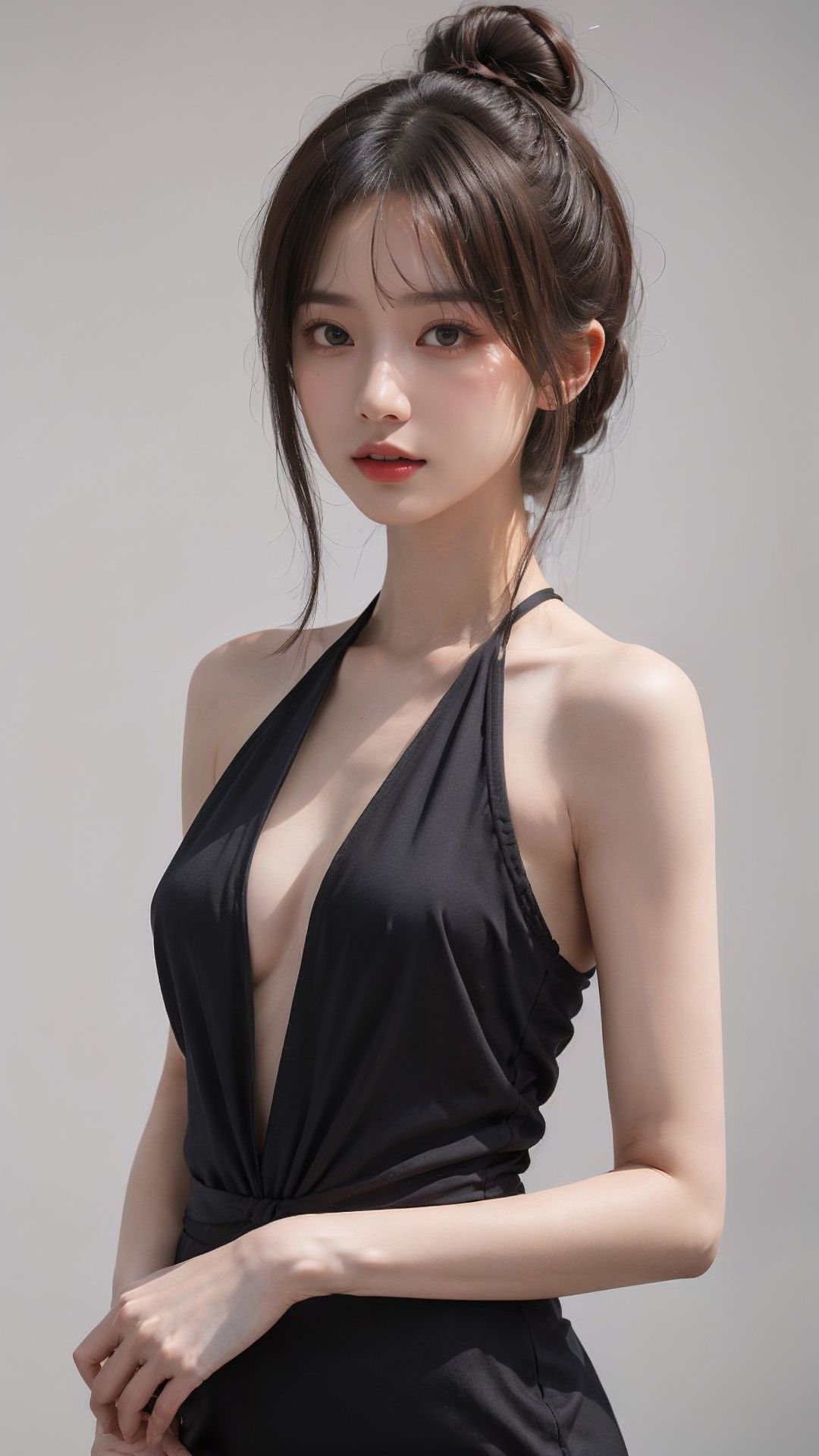 masterpiece,best quality,1 girl,reality,(simple_background),looking_at_viewer,hair bun,side_blunt_bangs,china_dress,chinese_style,<lora:qimeng1.0:0.7>,