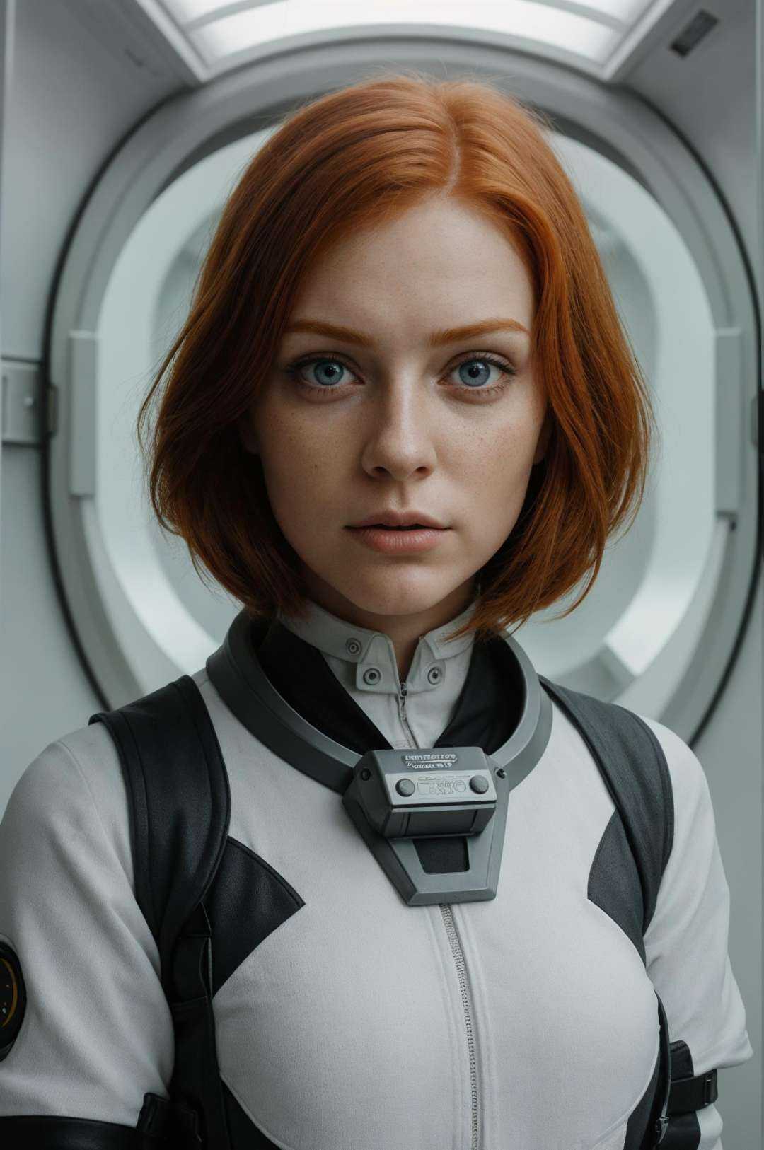 photo of a ginger woman,  in space,  futuristic space suit on Tensor.Art