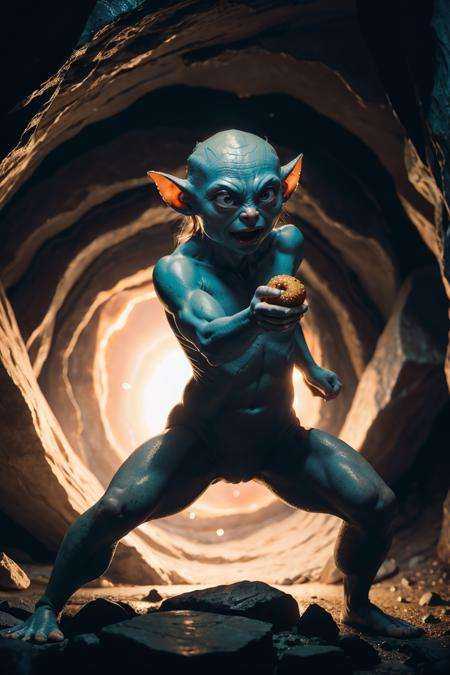 (dynamic camera),  close-up Gollum holding donut,  in dark cave on Tensor.Art