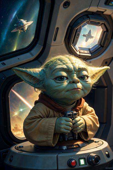 masterpiece,  best quality,  close-up Yoda flies in a small spaceship on Tensor.Art