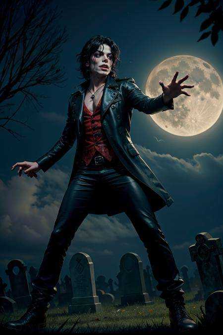 (dynamic camera),  A visually captivating and evocative portrayal of Michael Jackson in the iconic zombie makeup from the...