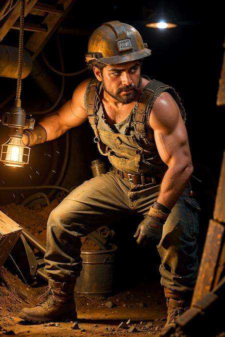 (dynamic camera),  A lifelike and gritty portrayal of a miner at work deep within the mines. The miner should be shown cov...