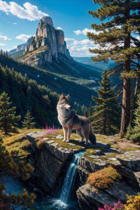 a solitary wolf stands proudly on a cliff's edge,  its fur blending with the vibrant hues. The wind whispers through pine...