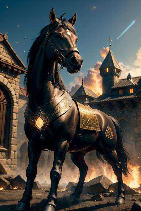 nohumans,  in medieval times,  a (evil cyborg black wild horse) is posing in the courtyard of a dark castle that is burnin...