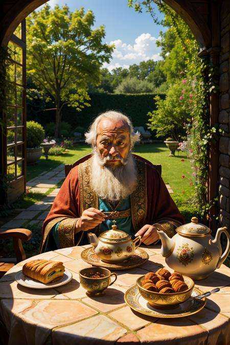the old king sits in the garden at the table,  teapot,  pastries on Tensor.Art