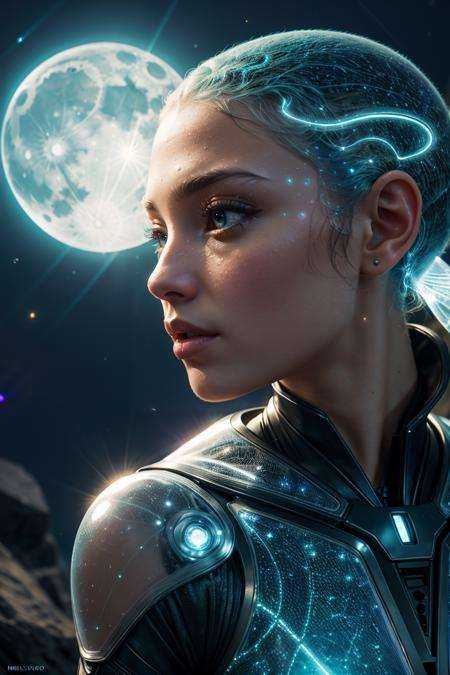 a translucent ethereal alien with delicate features in a sci-fi setting,  glowing from within,  sparks and lights on Tenso...
