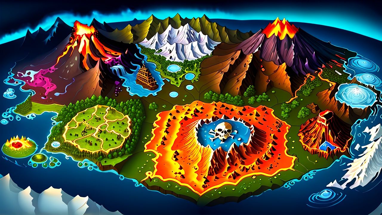 Magic world map, volcano, glacier, swamp, storm, desert, Pirate island, deep forest, abyss, Sky City <lora:sdxl_ditu:1>
