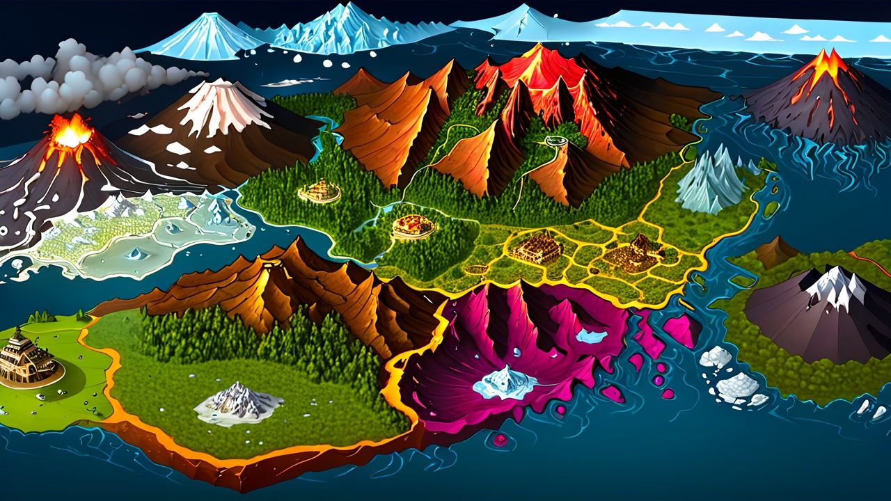 Map, volcano, glacier, swamp, storm, desert, Pirate Island, Deep forest, Abyss, Sky City <lora:sdxl_ditu:1>